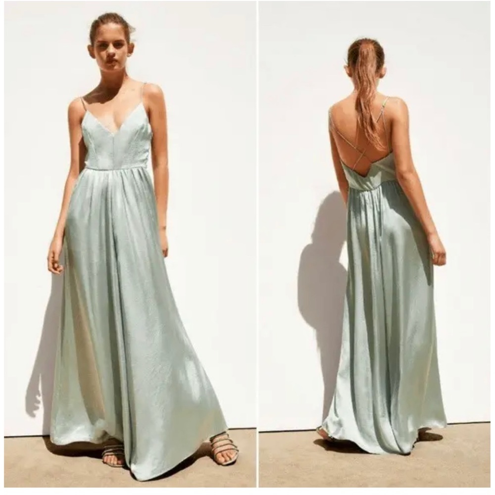 Zara Strappy Satin Jumpsuit in Mint Green